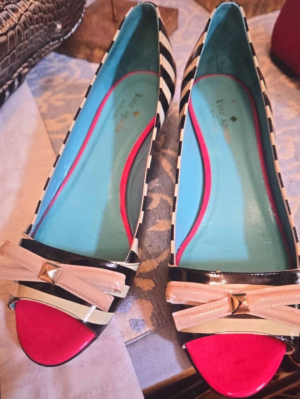 Kate Spade  Black & White Striped Flats with Pink Toe and Blush Bow 8